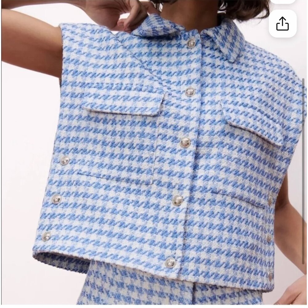 Zara Blue White Tweed Houndstooth Cropped Vest Jacket